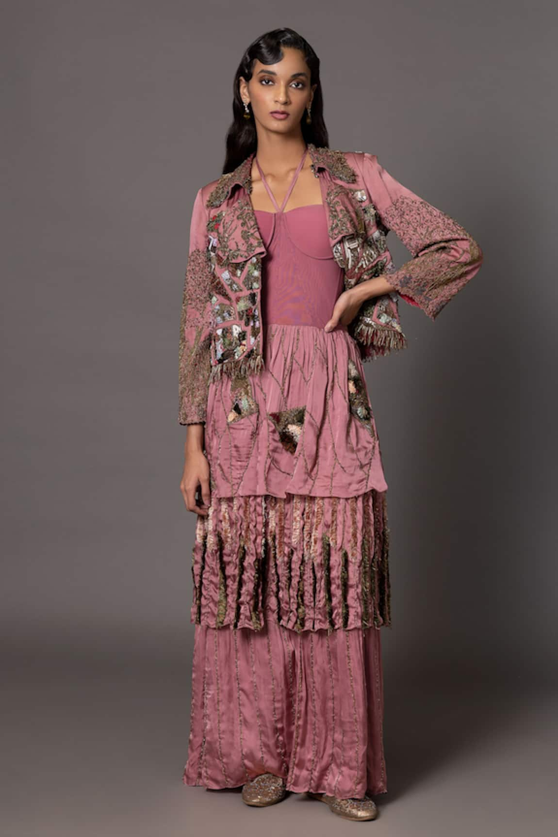 A Humming Way Earth Jacobean Patchwork Embroidered Jacket With Gown