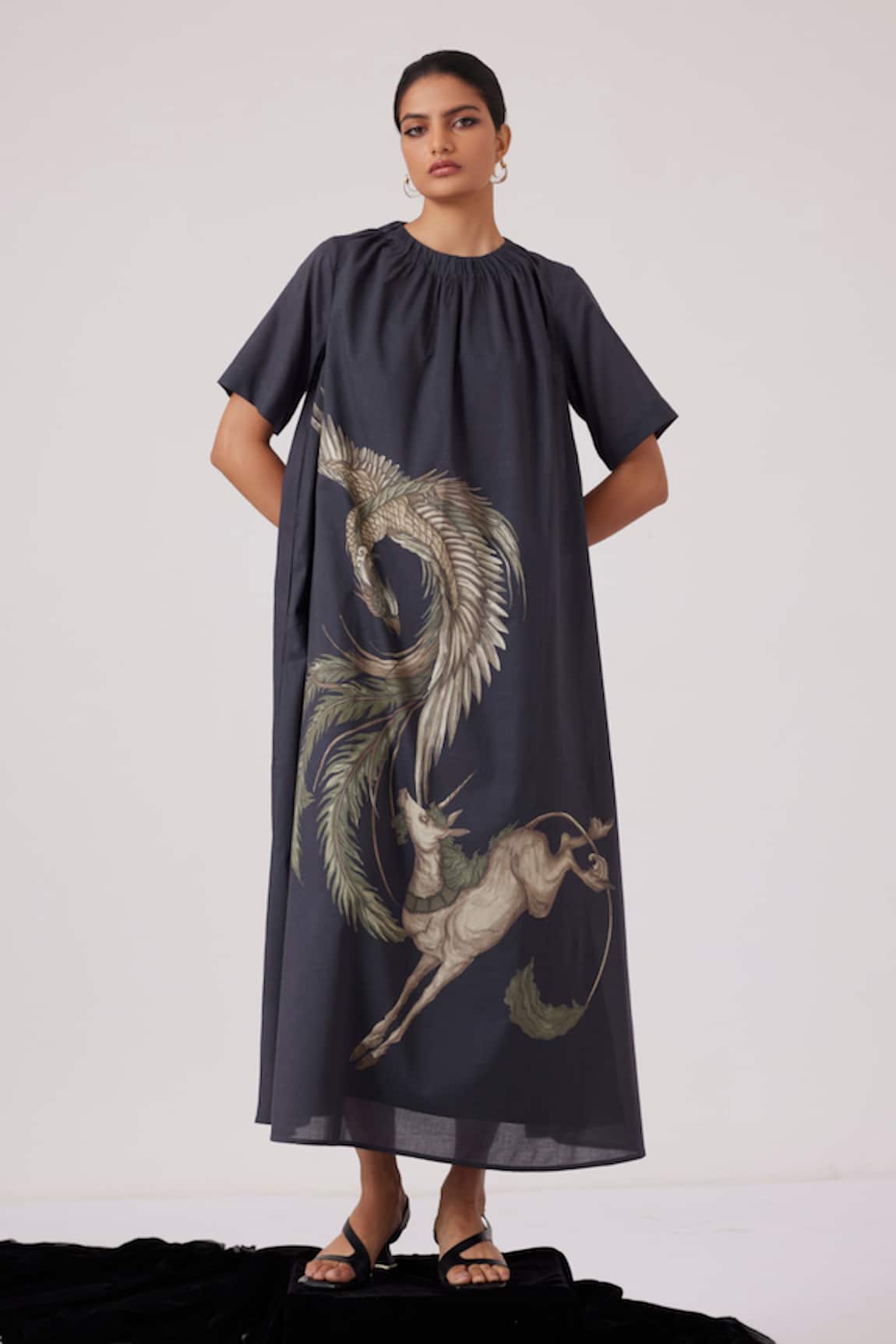 The Summer House Cersei Dragon Print Gathered Neckline Midi Dress