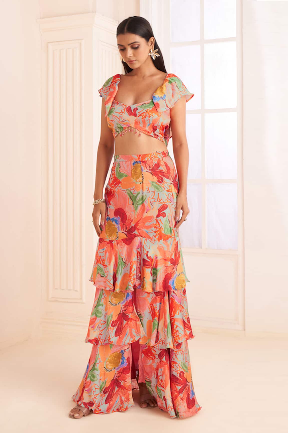 AFFROZ Floral Print Slit Skirt Set