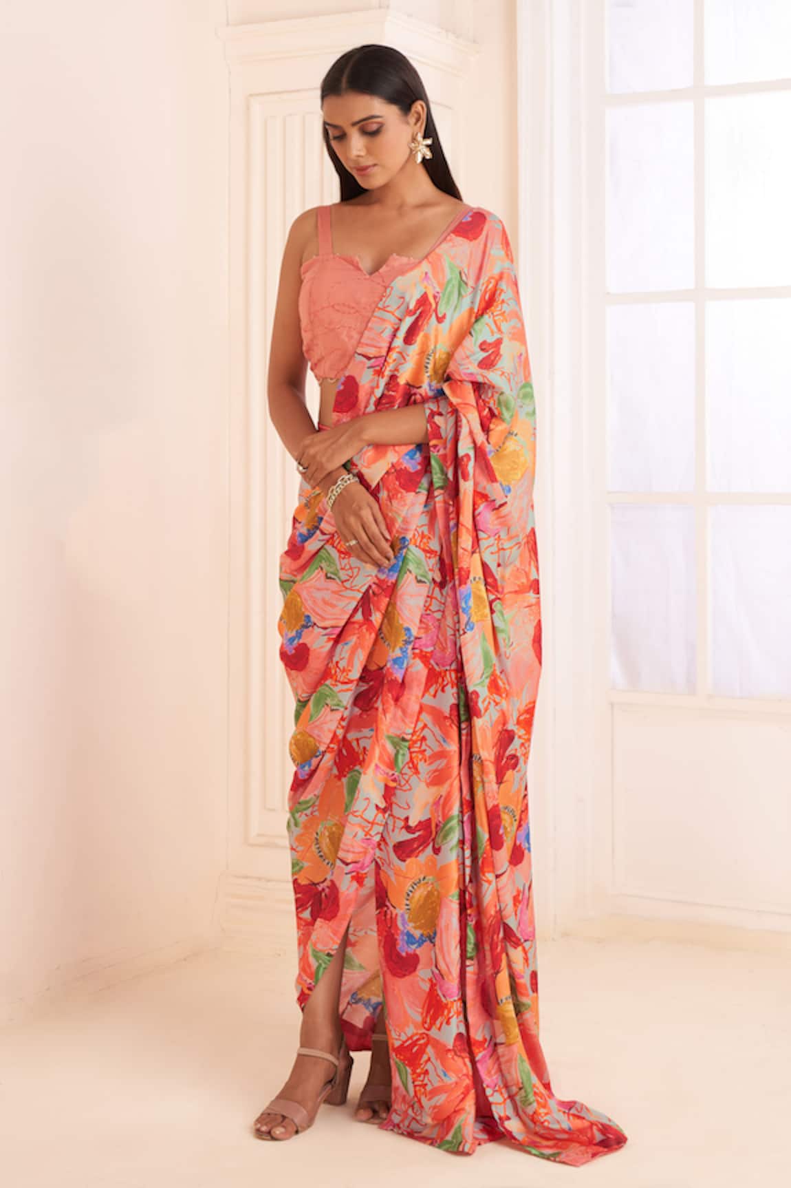 AFFROZ Floral Print Pre-Draped Saree With Blouse