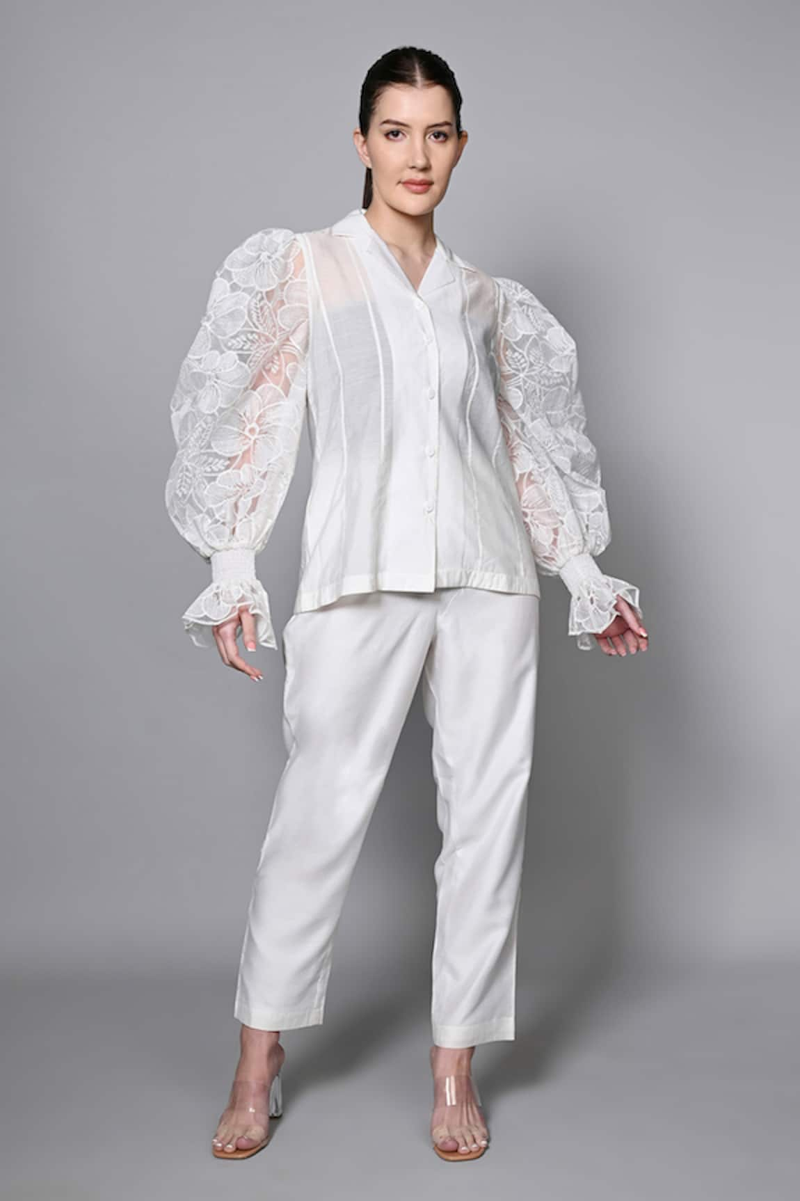 House of Manaa Puff Sleeve Embroidered Shirt & Pant Set