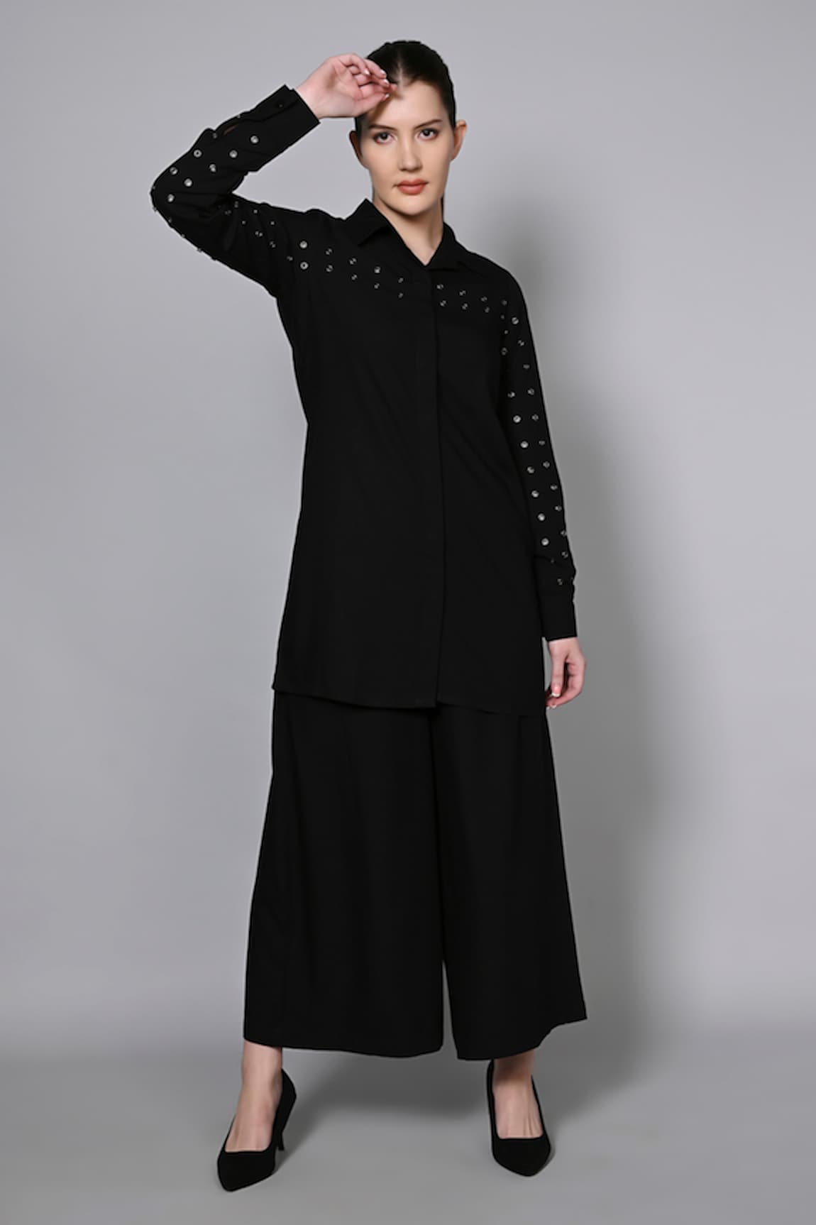 House of Manaa Eyelet Embroidered Long Shirt With Palazzo