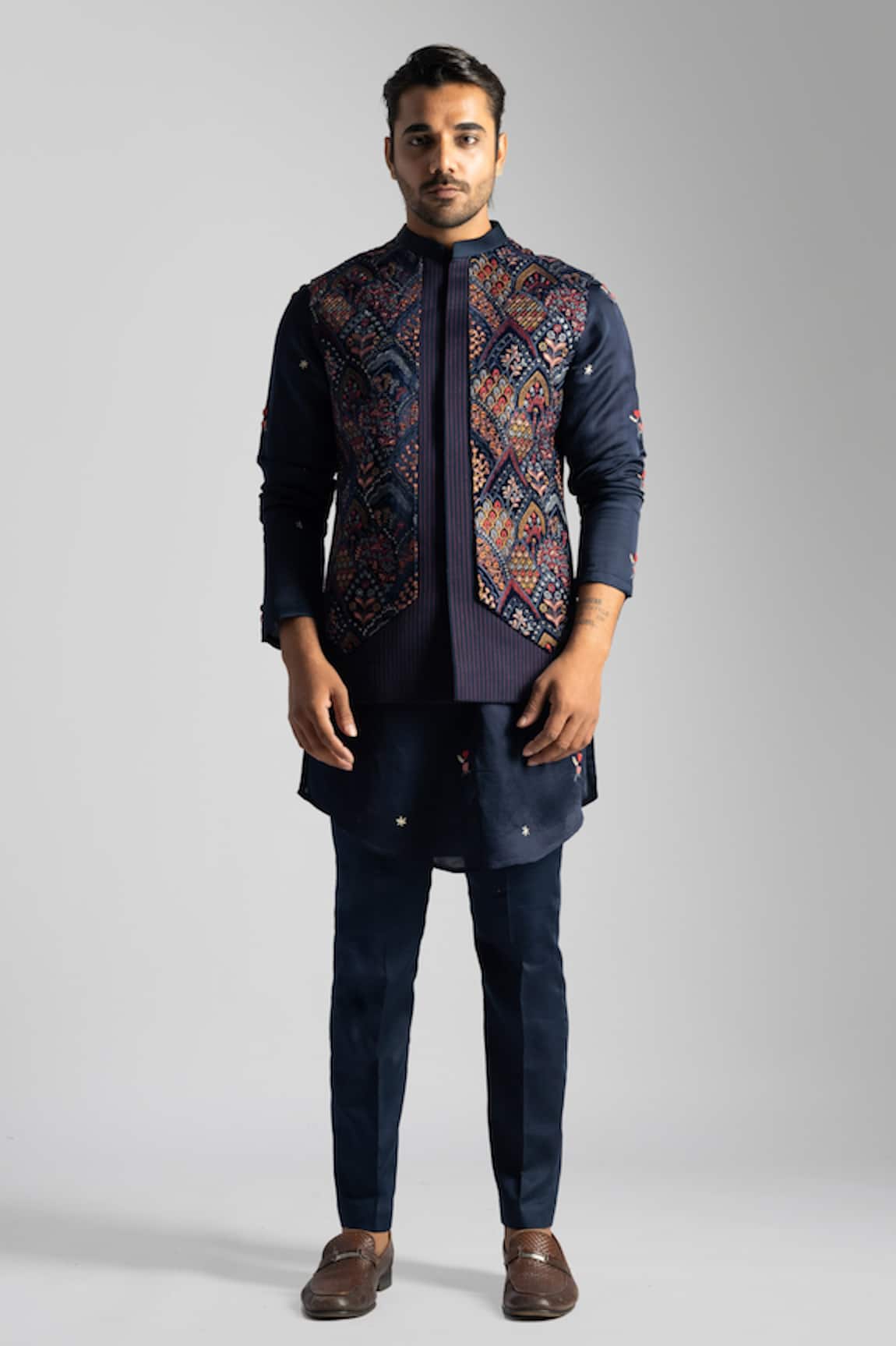 PAARSH Navy Blue Embroidered Velvet Nehru Jacket