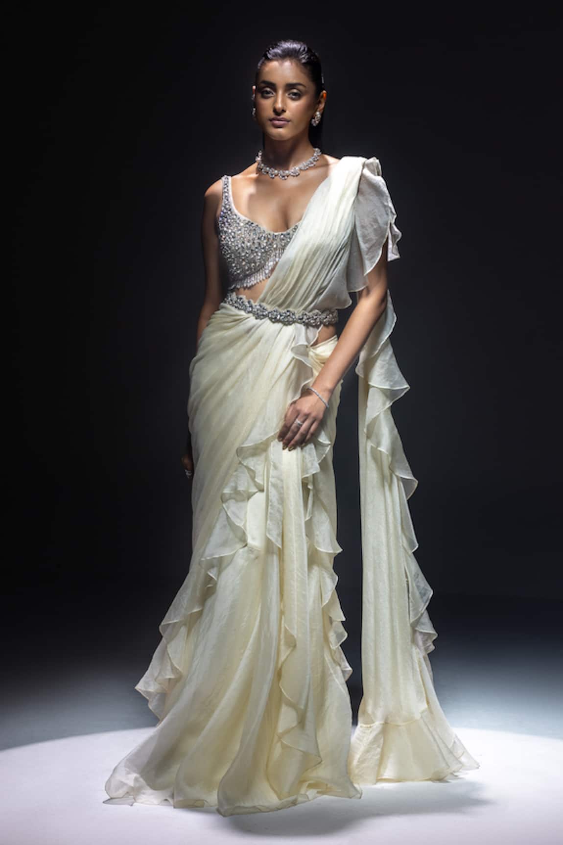 Kavita arora Pre-Draped Ruffle Saree With Sequins Work Bustier