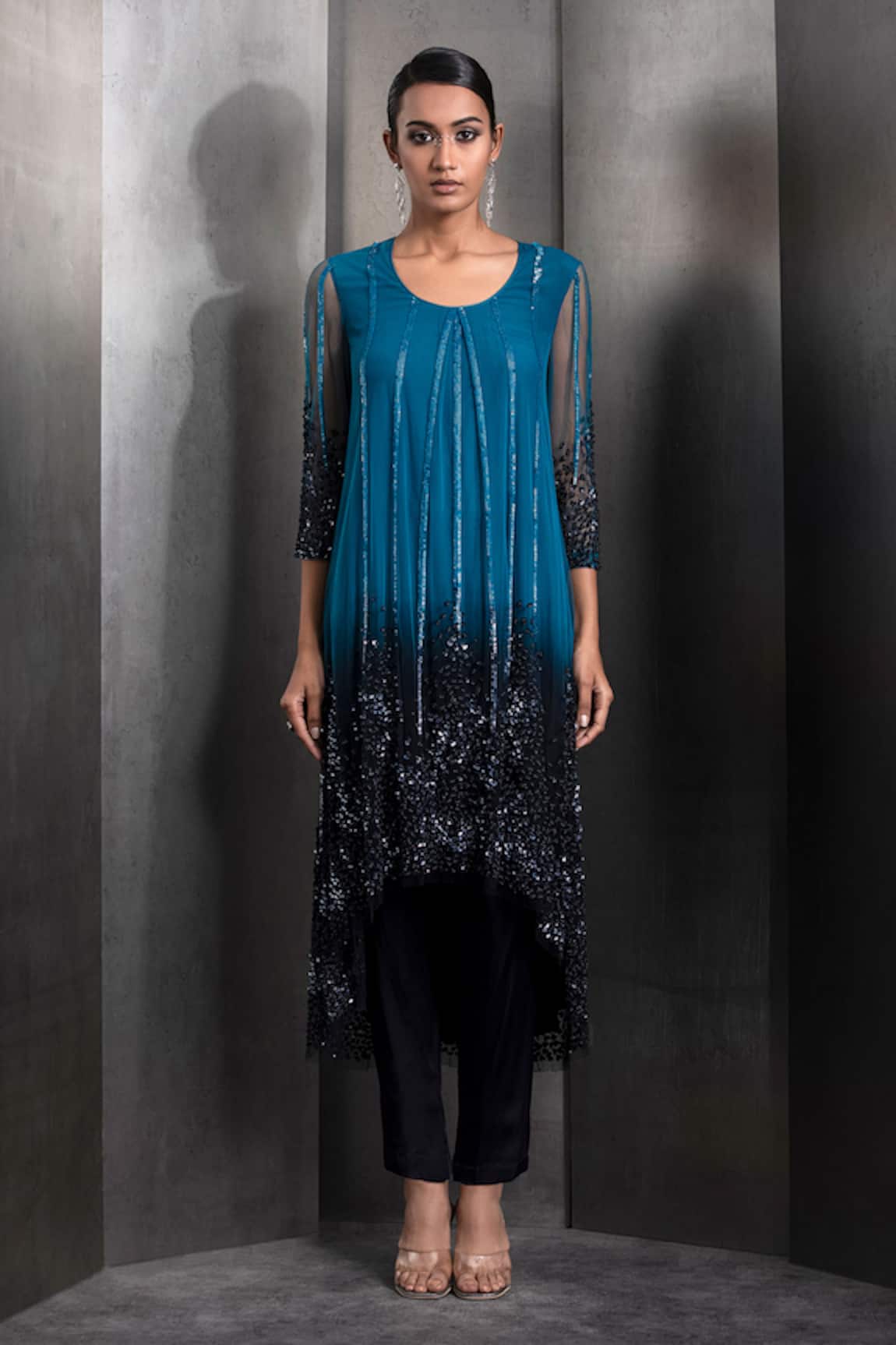 Rohit Gandhi + Rahul Khanna Sequin Gradient Embroidered High-Low Kurta With Pant