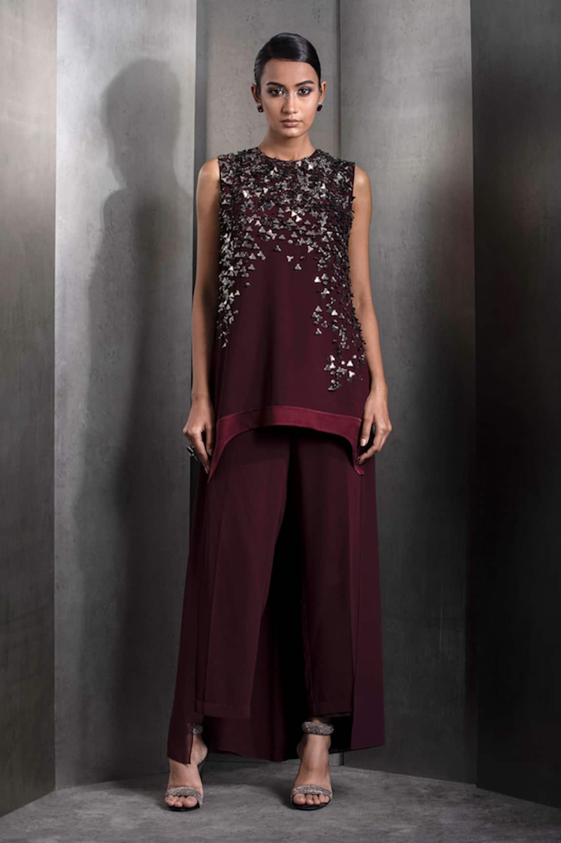 Rohit Gandhi + Rahul Khanna Sequin Embroidered High-Low Top With Pant