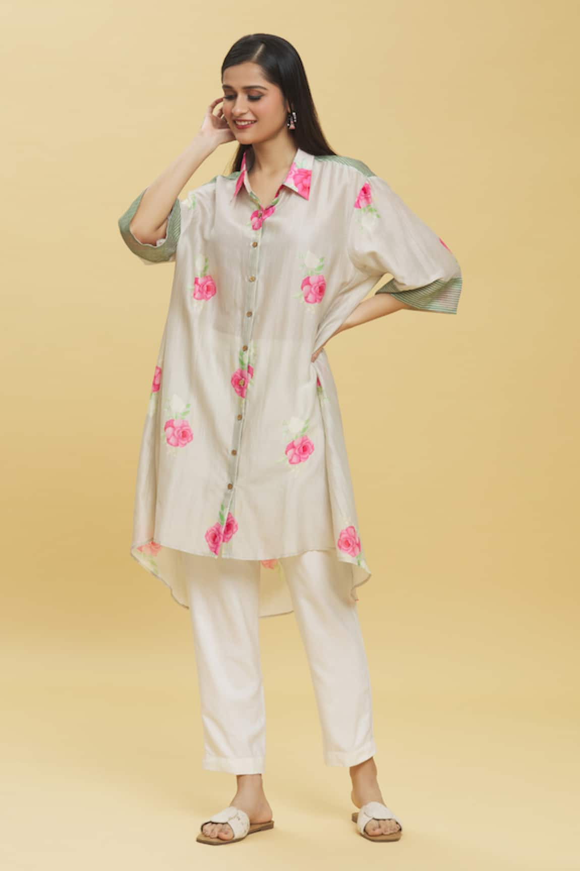 TINA EAPEN COLLECTIVE Rose Print Shirt Dress & Pant Set