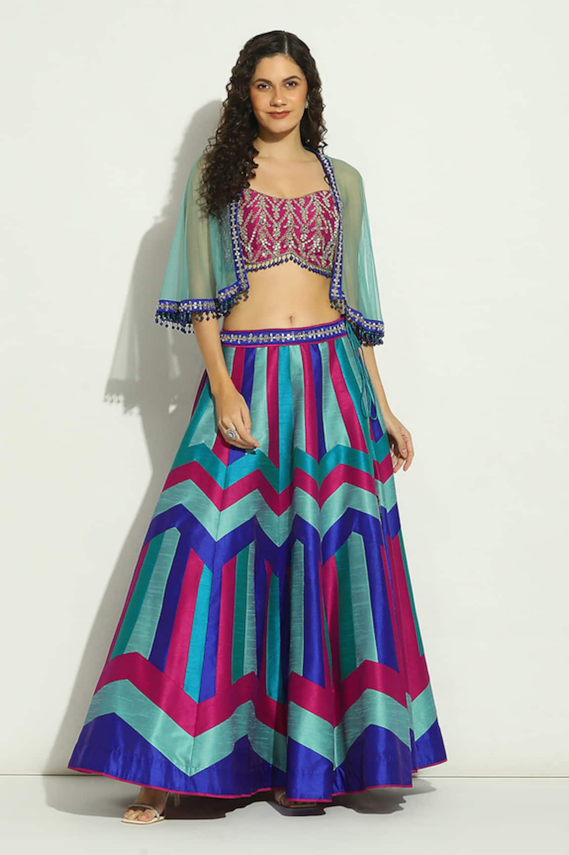 Vandana Sethi Chevron Patchwork Embroidered Lehenga Set With Shrug