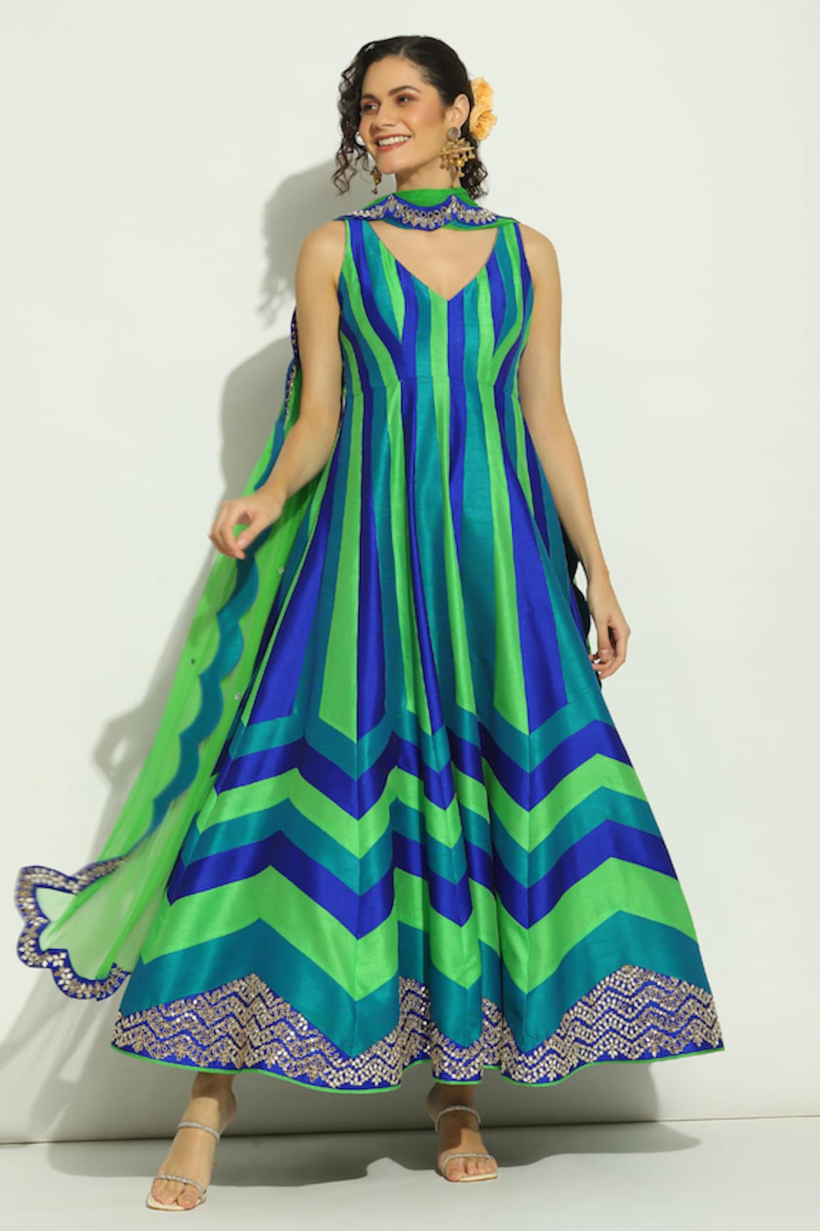 Vandana Sethi Chevron Stripe Pattern Anarkali With Dupatta