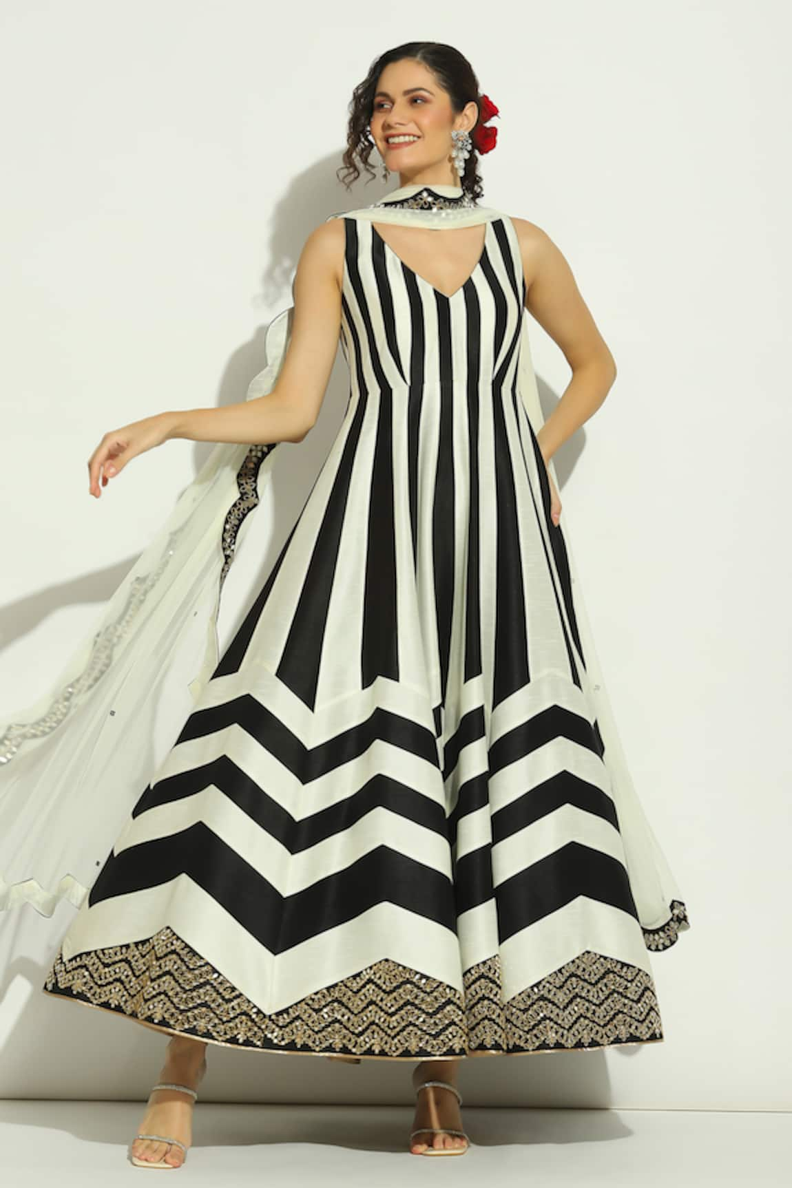 Vandana Sethi Stripe Pattern Anarkali With Dupatta