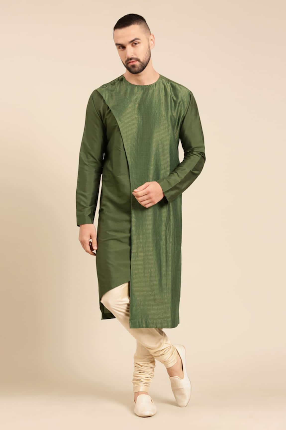 Mayank Modi - Men Silk Chanderi Woven Zari Panel Kurta With Churidar