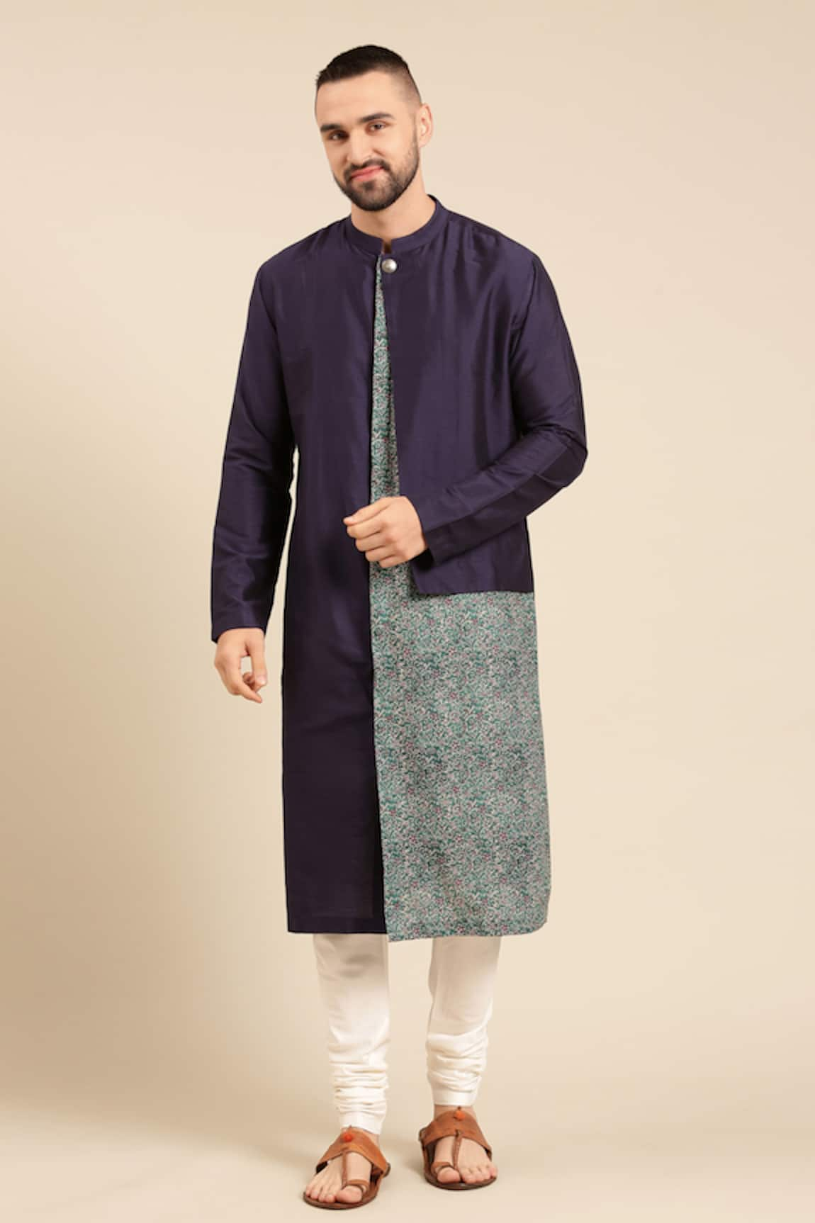 Mayank Modi - Men Contrast Printed Panel Kurta With Churidar