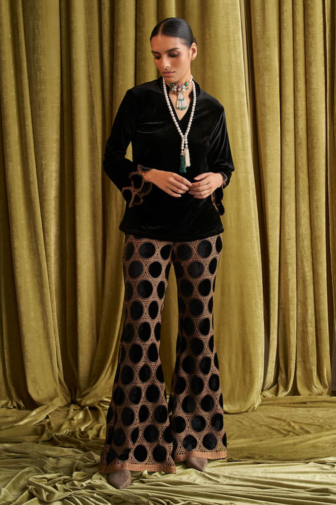 QALA CLOTHING Anya Velvet Top With Embroidered Pant