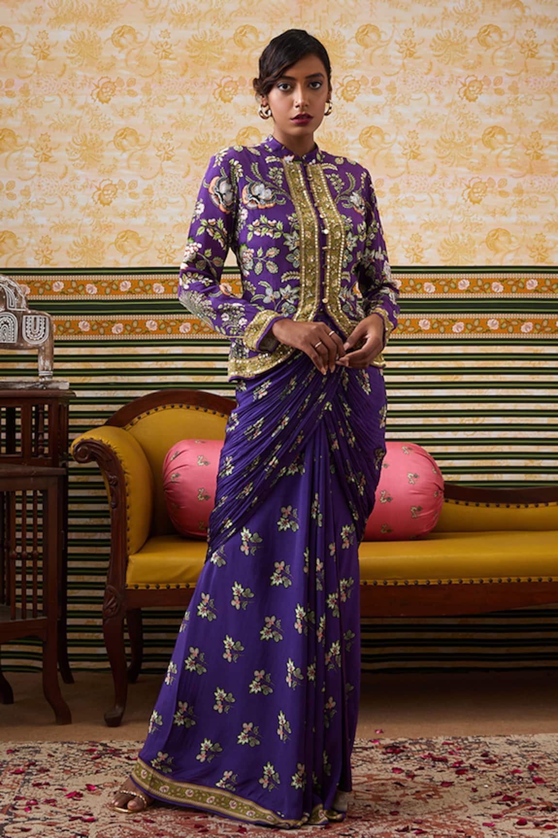 Soup By Sougat Paul Tasnim Bloomy Print Embellished Jacket With Draped Skirt 
