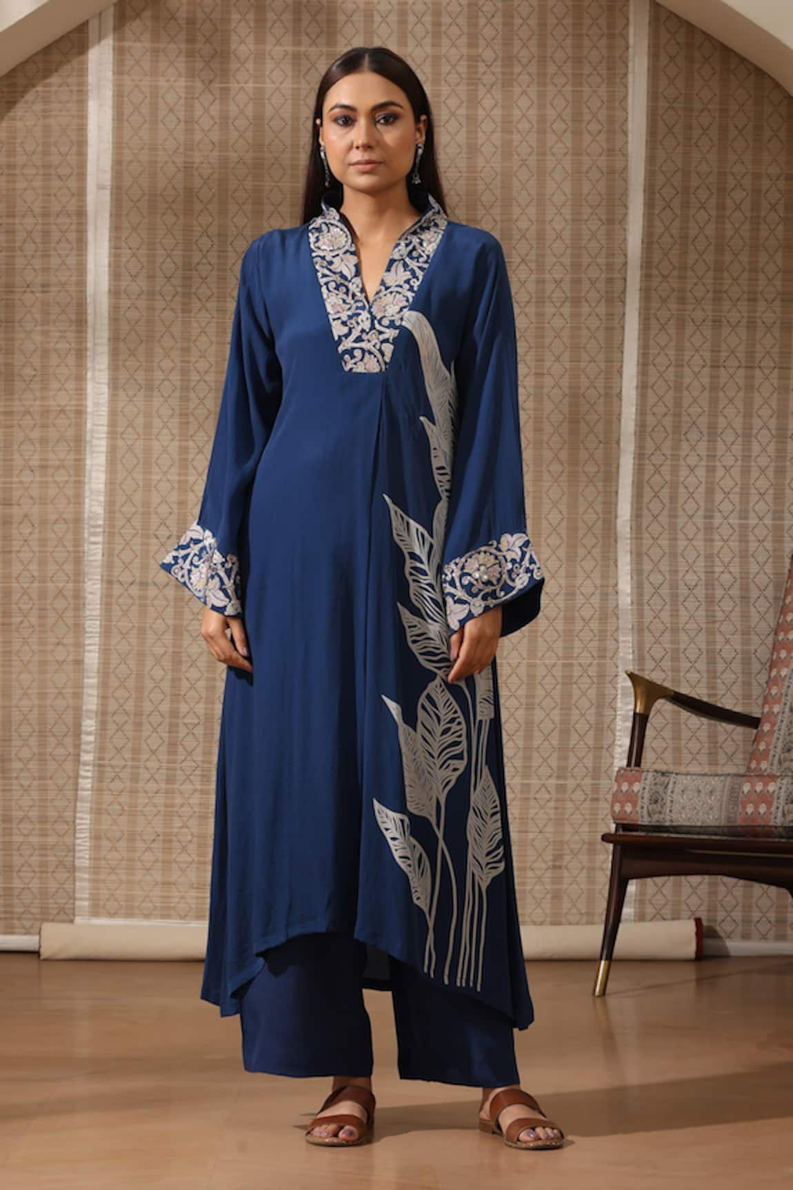 Rekha Agra Leaflet Print Embroidered Neck Kurta With Pant