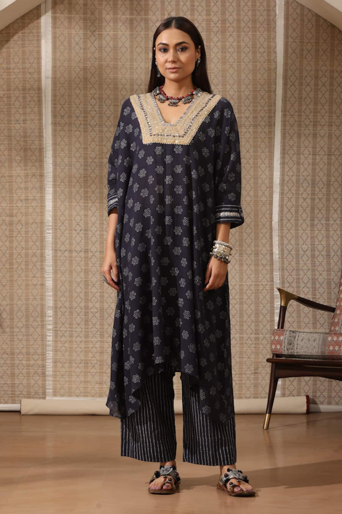 Rekha Agra Floral Chalk Art Print Asymmetric Kurta With Striped Pant