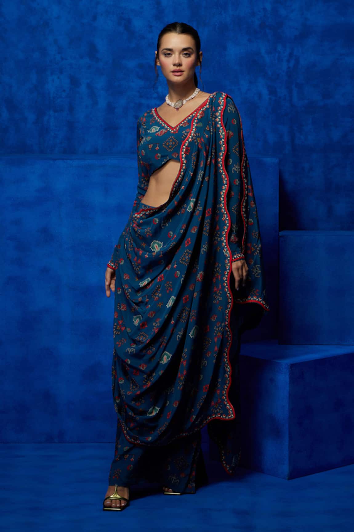 Nautanky Tapestry Print Pre-Draped Saree With Blouse