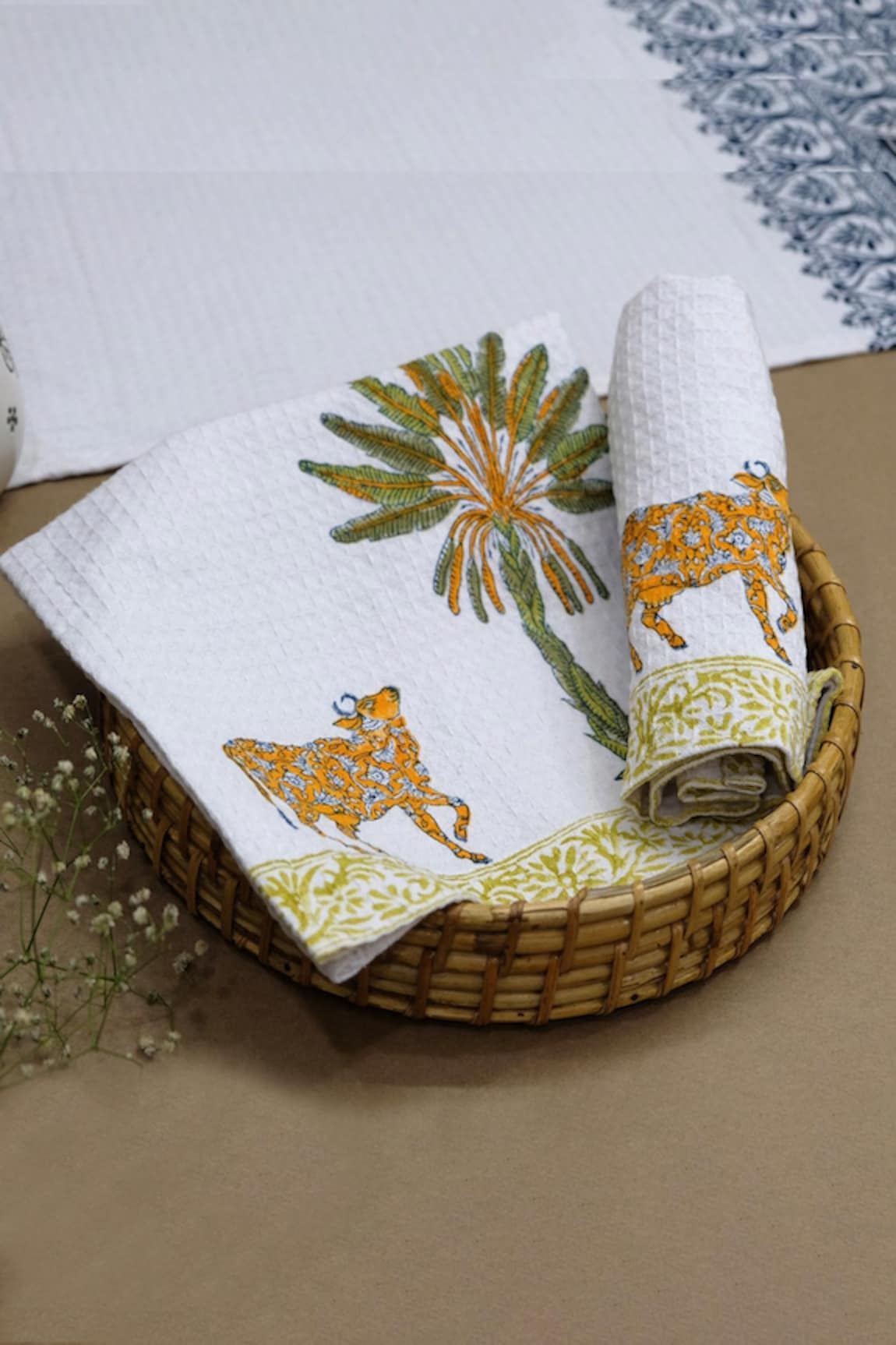 Design Gaatha Cow & Palm Tree Hand Block Print 4 Pcs Hand Towel Set