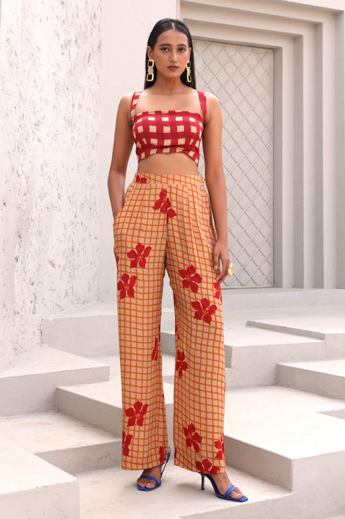 Aapro Checkered Print Bustier & Pant Set