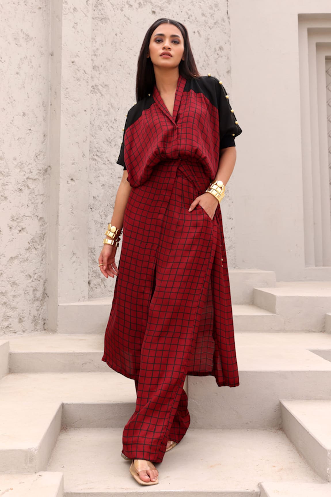 Aapro Piper Checkered Print Kurta & Flared Pant Set