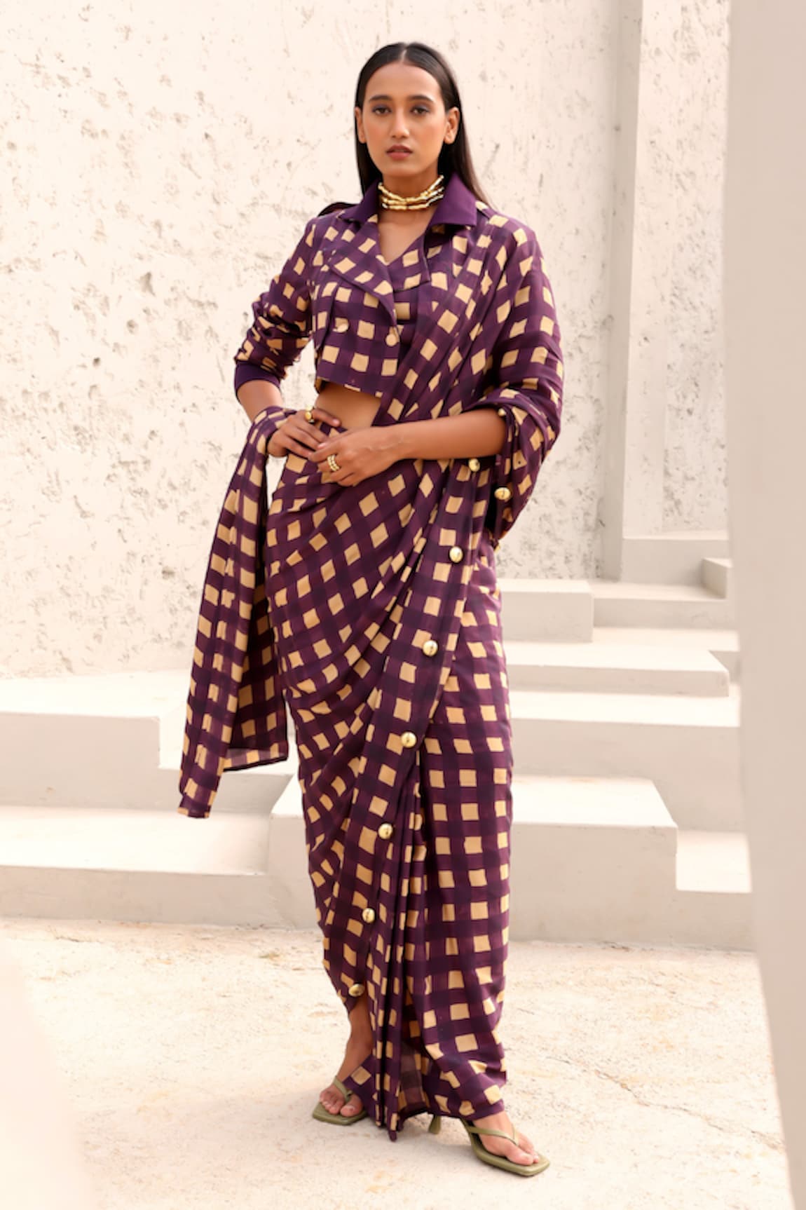 Aapro Jane Block Printed Pre-Draped Saree With Jacket