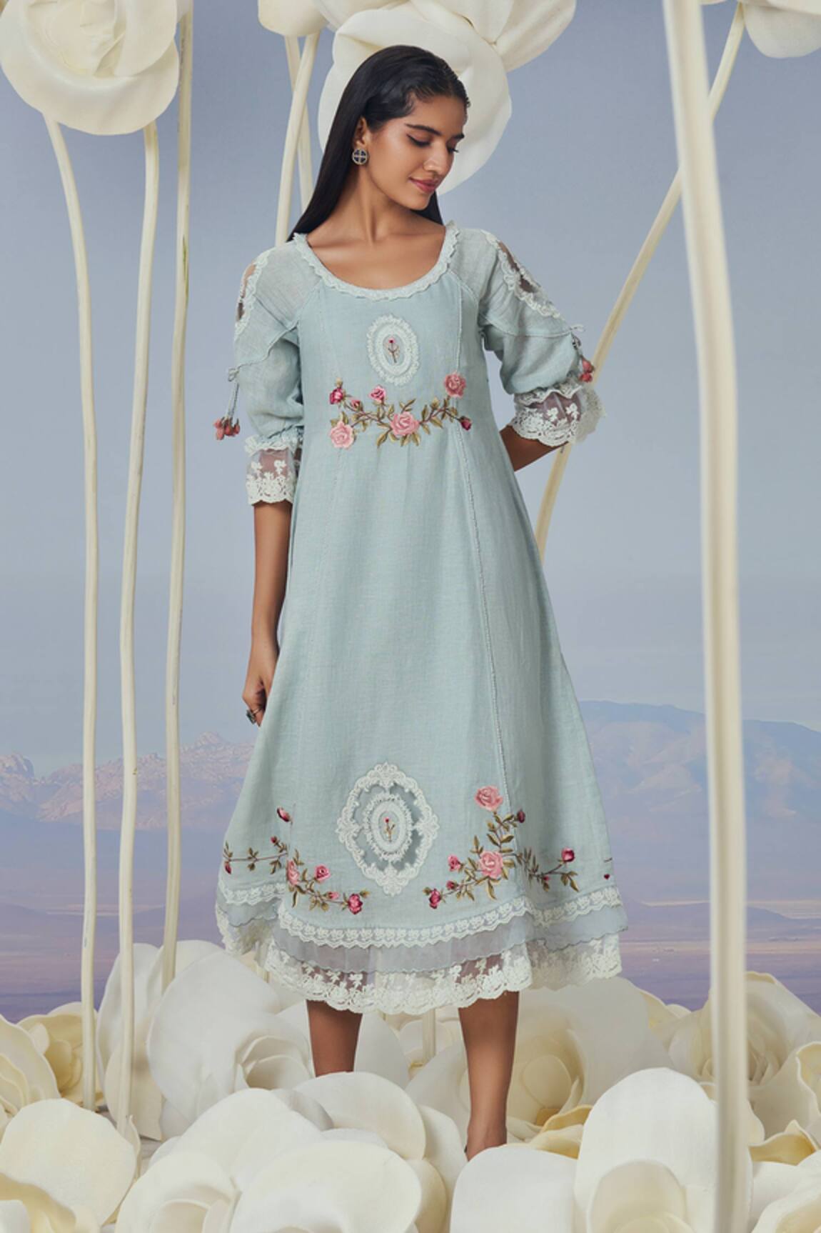 Kaveri Bed of Rose Embroidered Midi Lacy Dress 