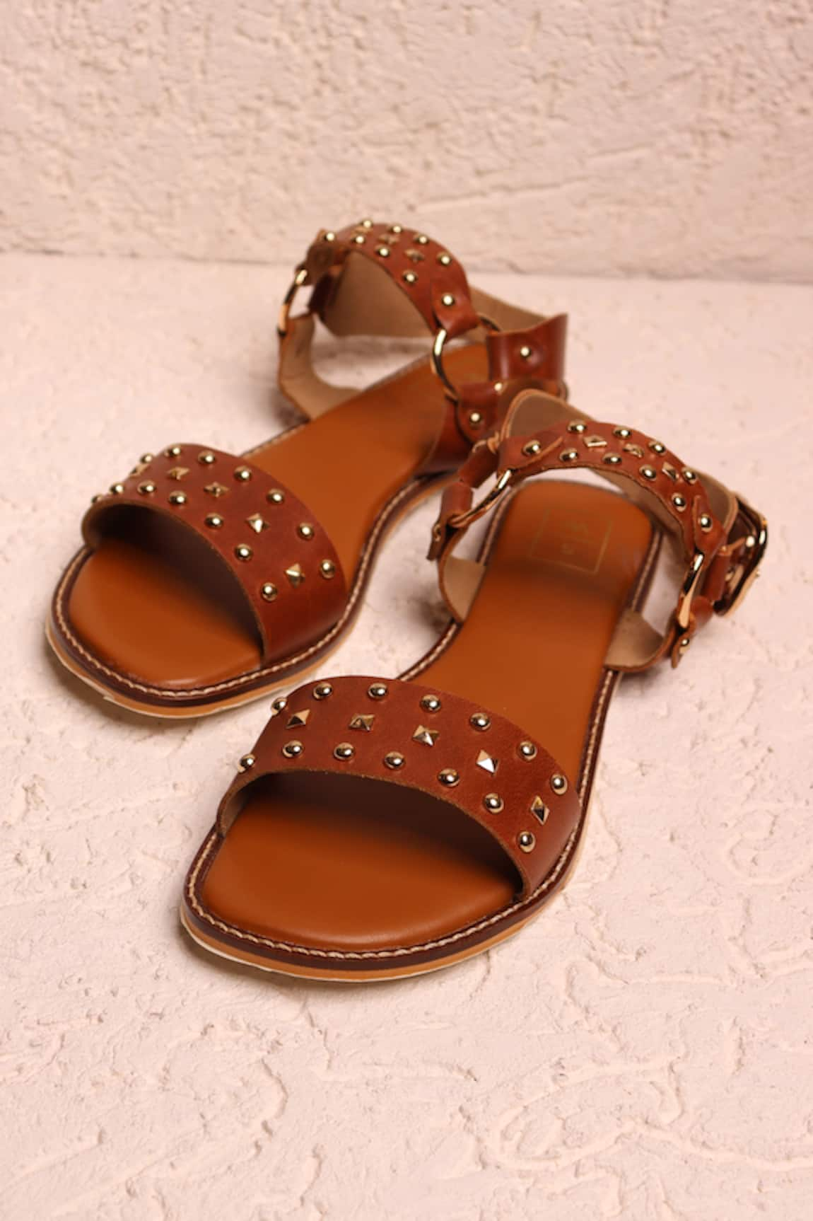 Sandalwali Lori Tan Leather Studded Sandals