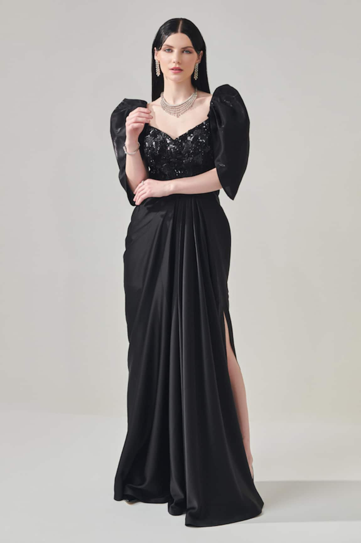 One Knot One Voluminous Sleeve Embroidered Draped Gown