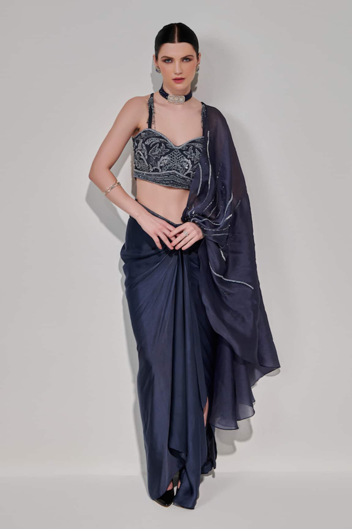 One Knot One Solid Pre-Draped Saree With Embroidered Blouse