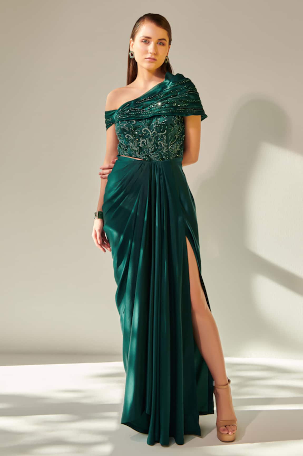 One Knot One Off Shoulder Yoke Embellished Draped Gown