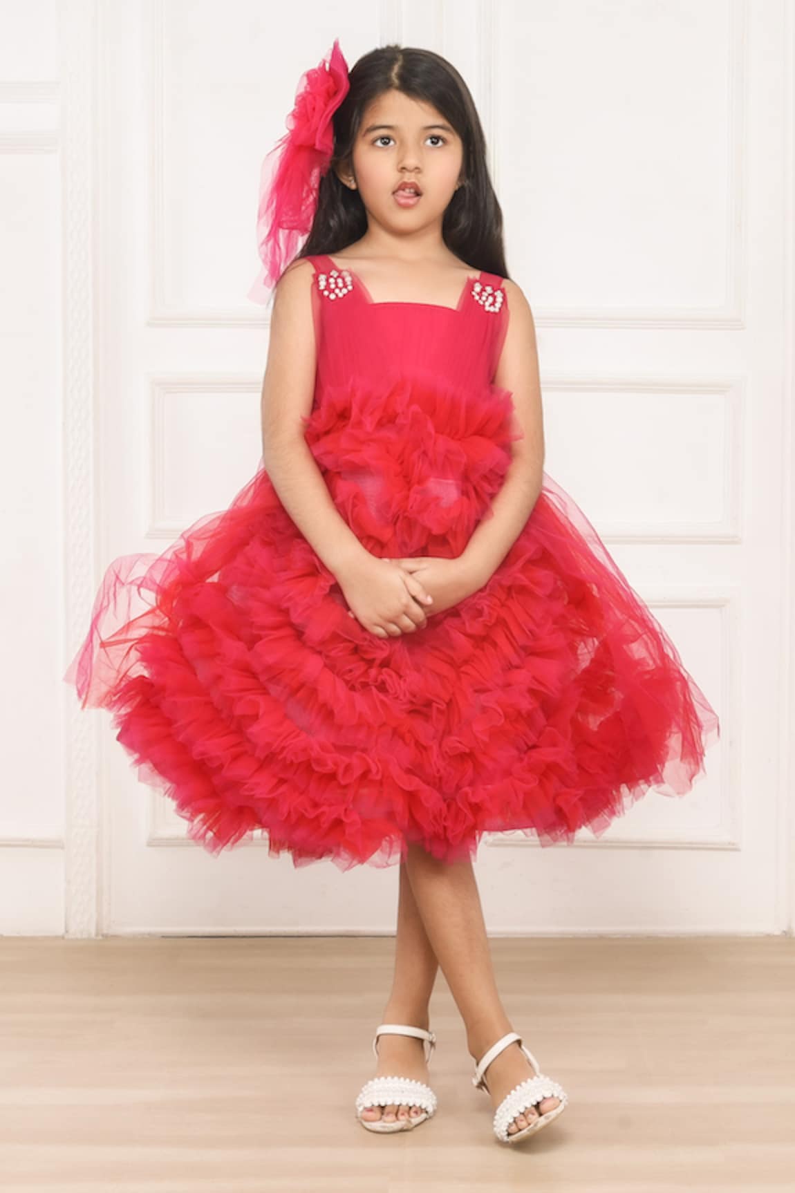 Pinkcow designs pvt ltd Tiny Tots Pearl & Crystal Embellished Pleated Dress