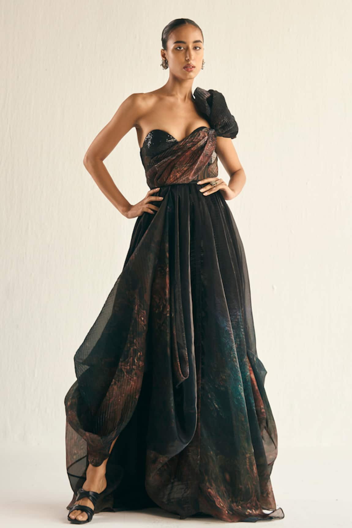 Cedar & Pine Jupiter Placed Abstract Print Draped One Shoulder Gown