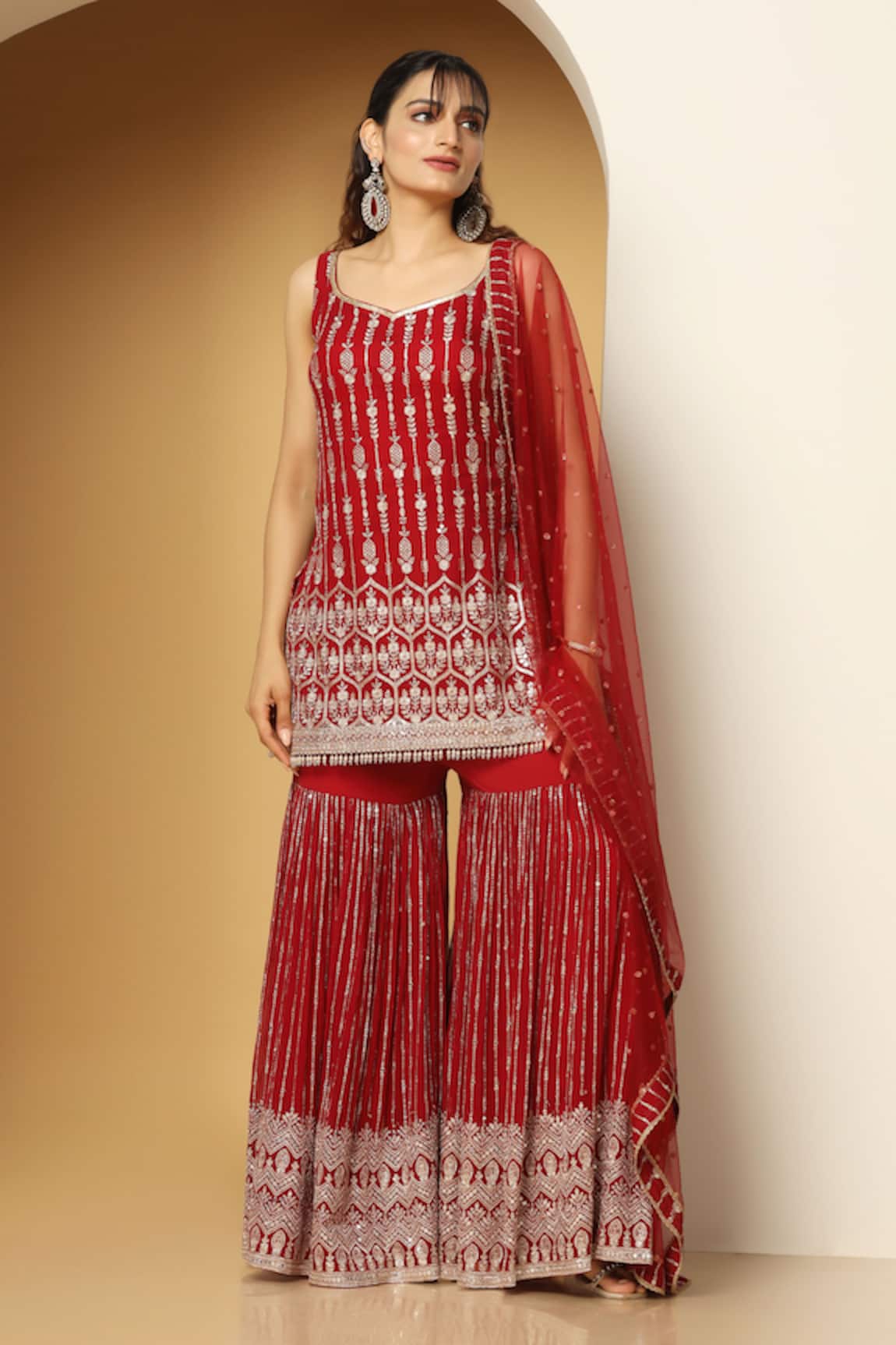 Meenagurnam Zari Embroidered Kurta Sharara Set 