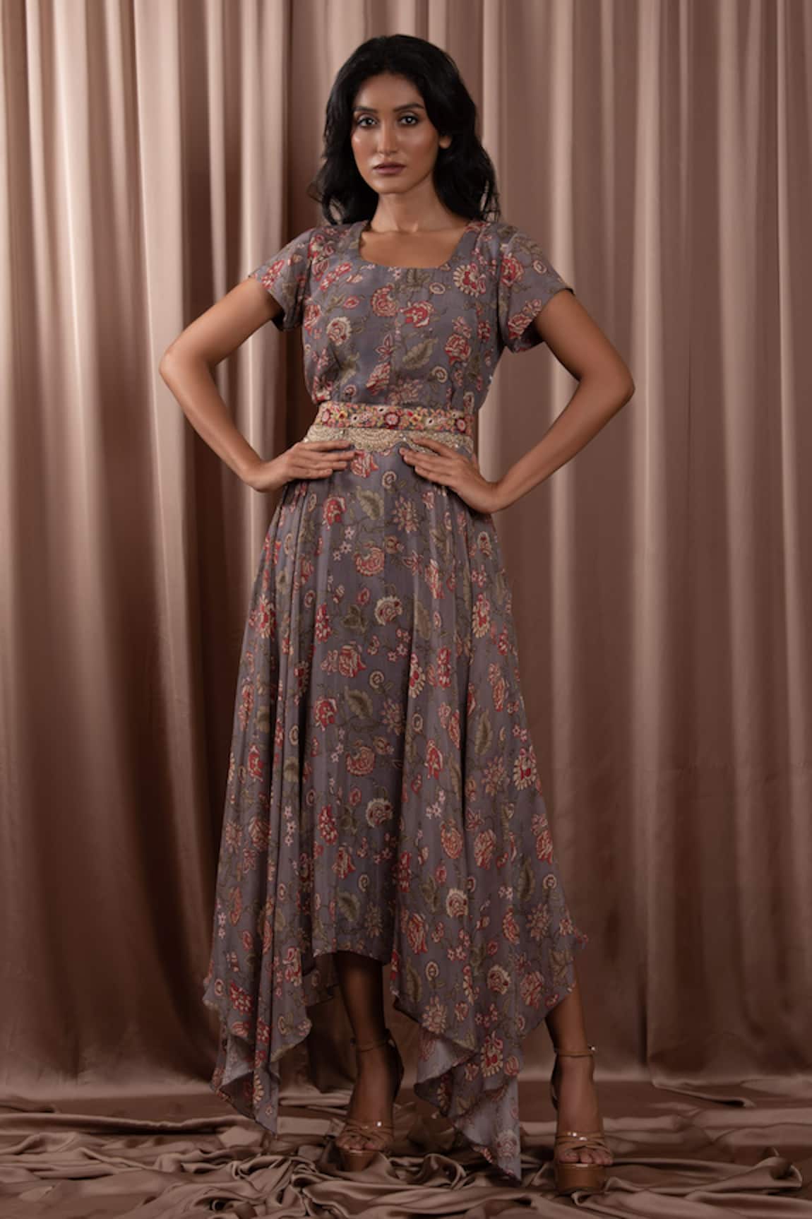 Vara by Vibha n Priti Floral Print Asymmetric Midi Dress With Belt