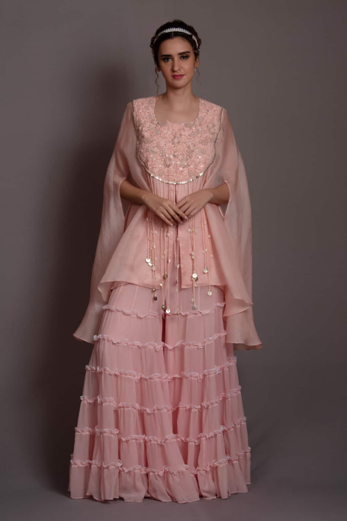 Vara by Vibha n Priti Petunia Embroidered Yoke Cape Kurta With Sharara