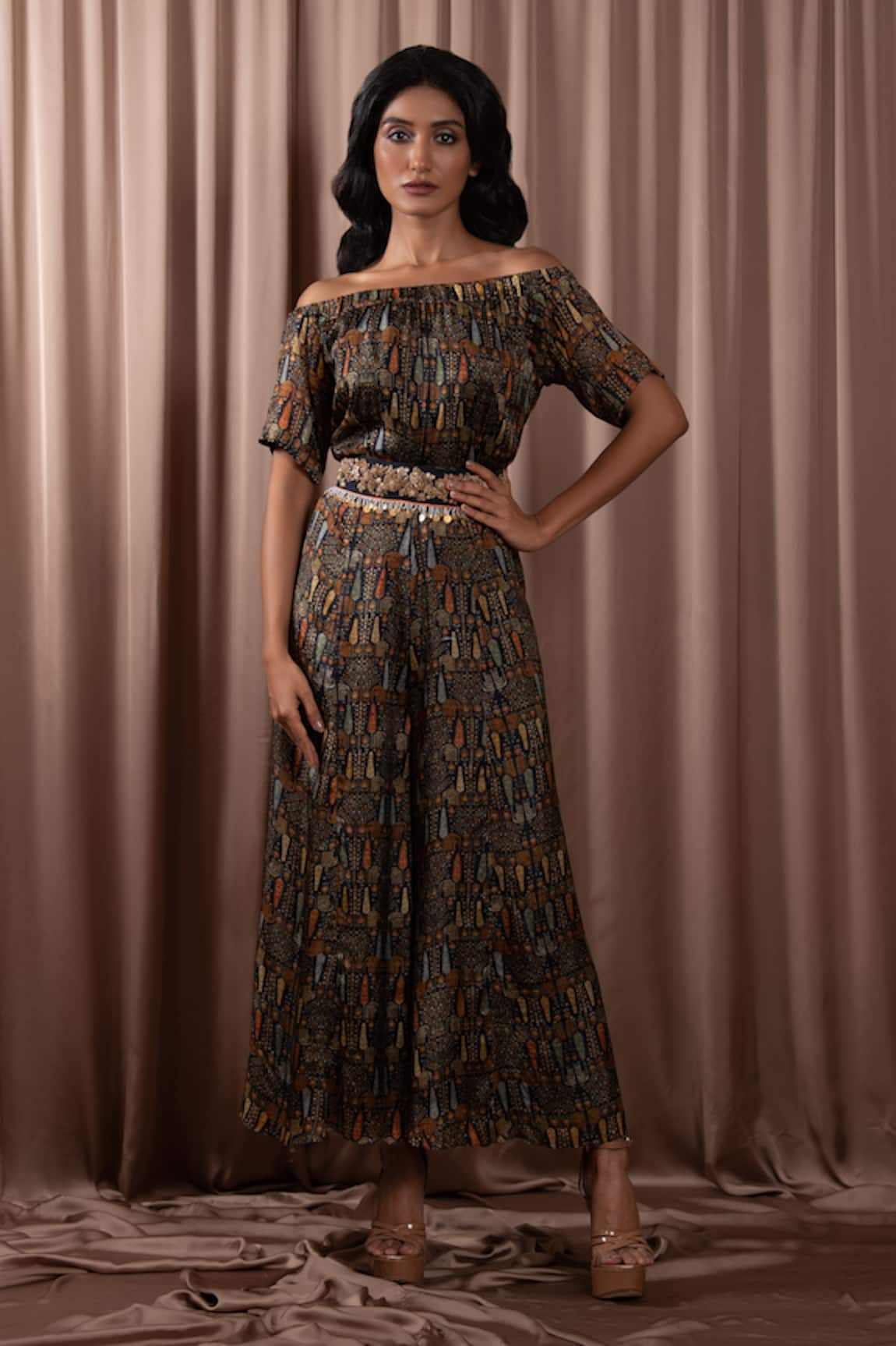 Vara by Vibha n Priti Tribal Age Print Off Shoulder Jumpsuit With Embroidered Belt