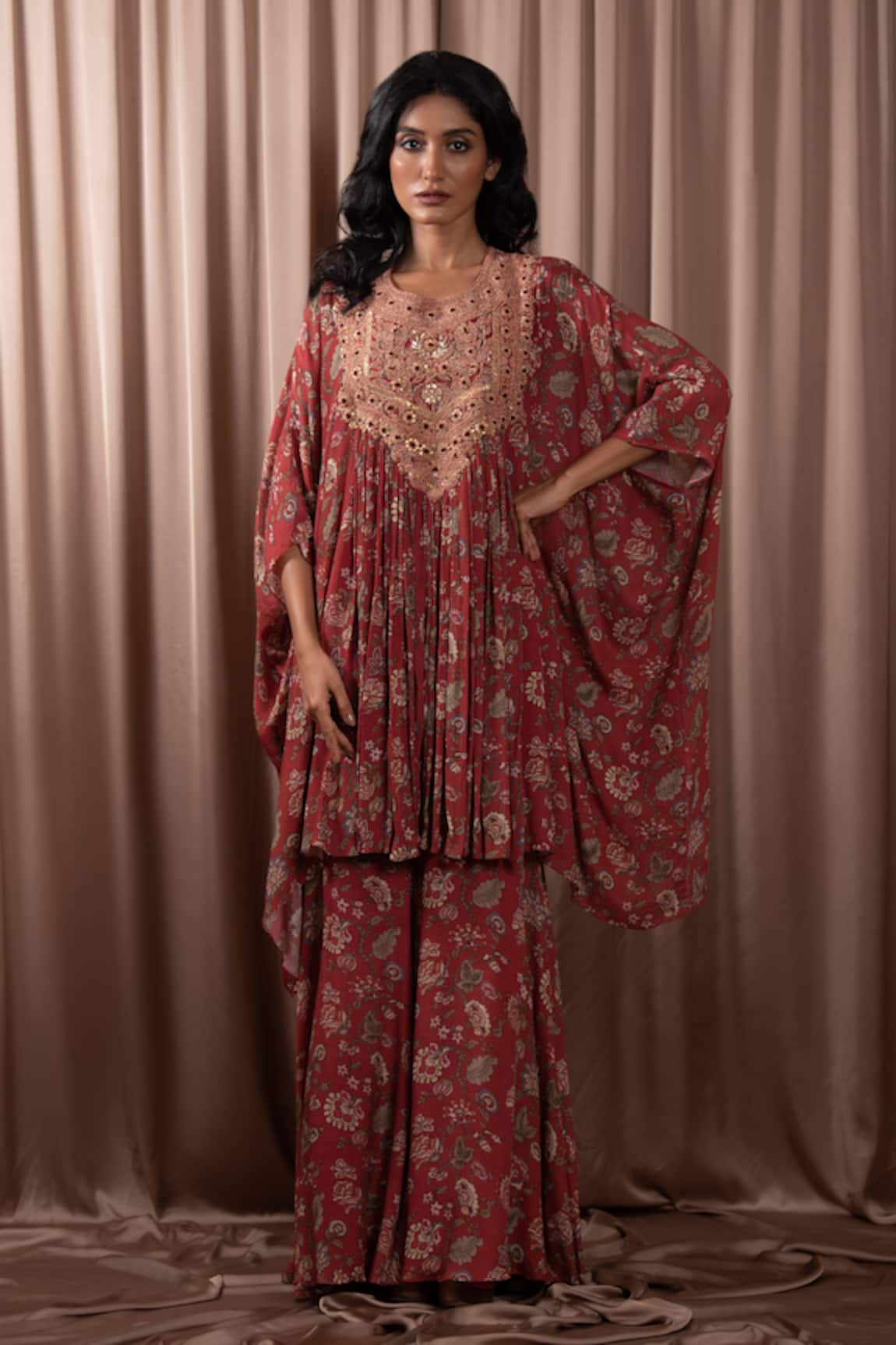 Vara by Vibha n Priti Rafflesia Print Batwing Sleeves Tunic With Sharara