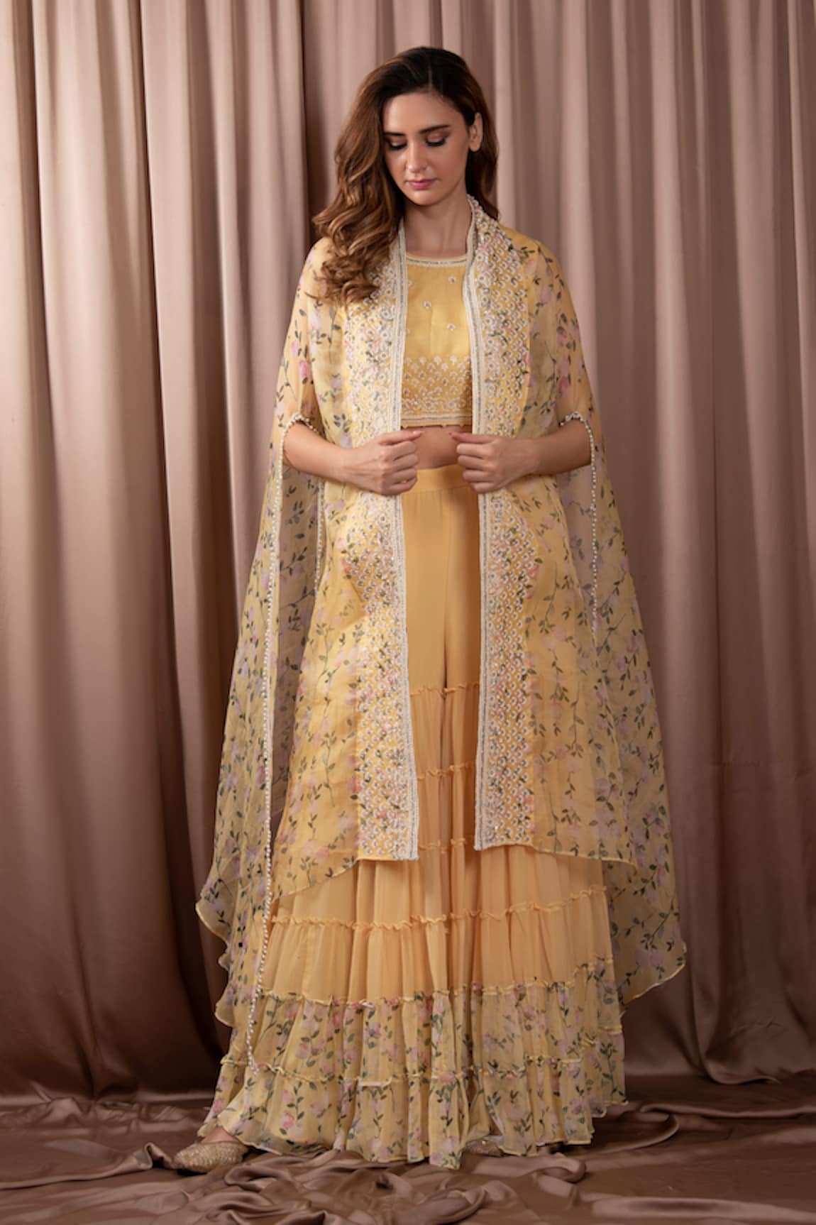 Vara by Vibha n Priti Bahar Print Embellished Asymmetric Cape Sharara Set