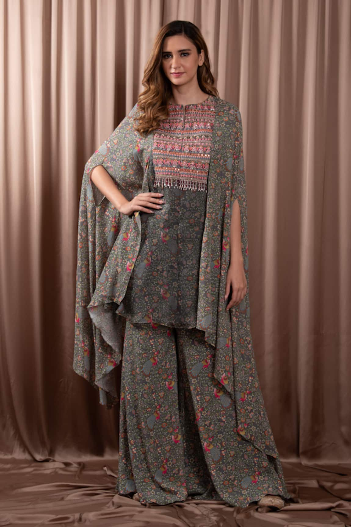 Vara by Vibha n Priti Baroque Bloom Print Asymmetric Cape Tunic With Sharara