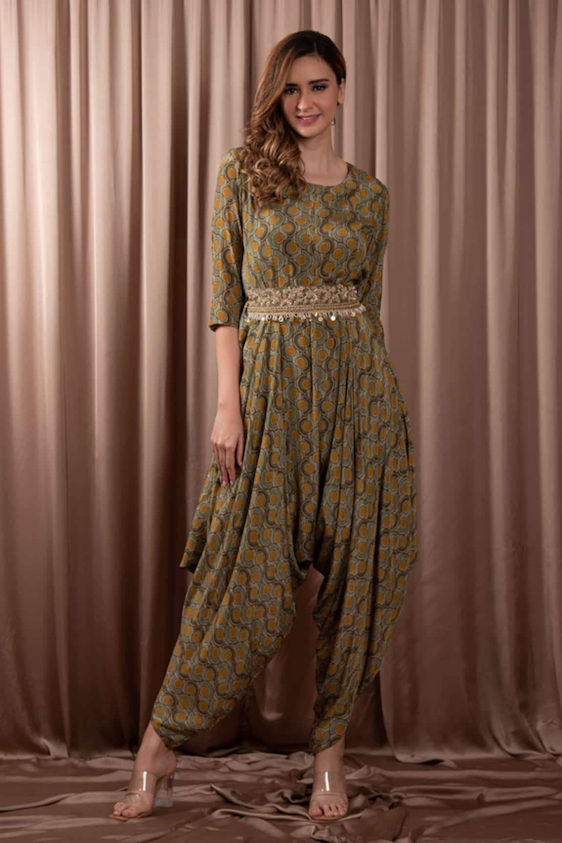 Vara by Vibha n Priti Synodic Sphere Print Cowl Draped Jumpsuit With Belt