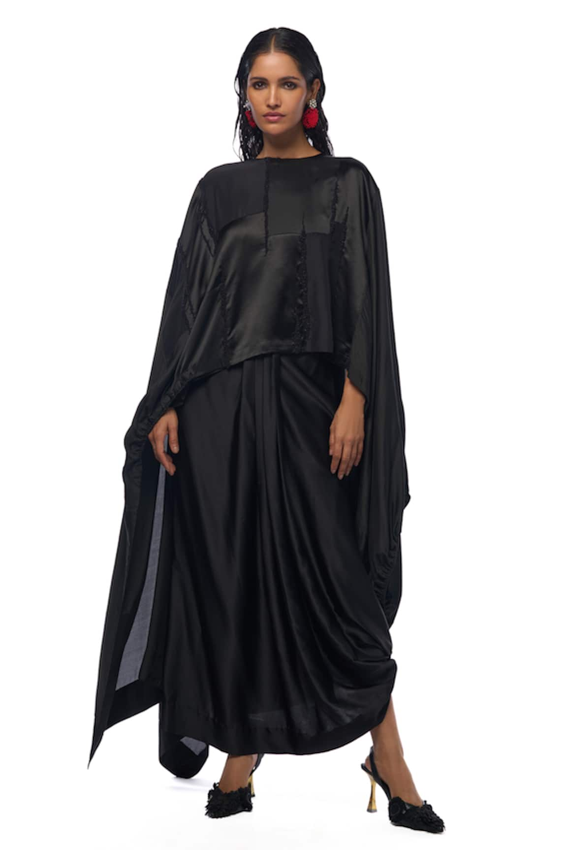 AK-OK Flaming Beads Embellished Cape With Lungi Skirt