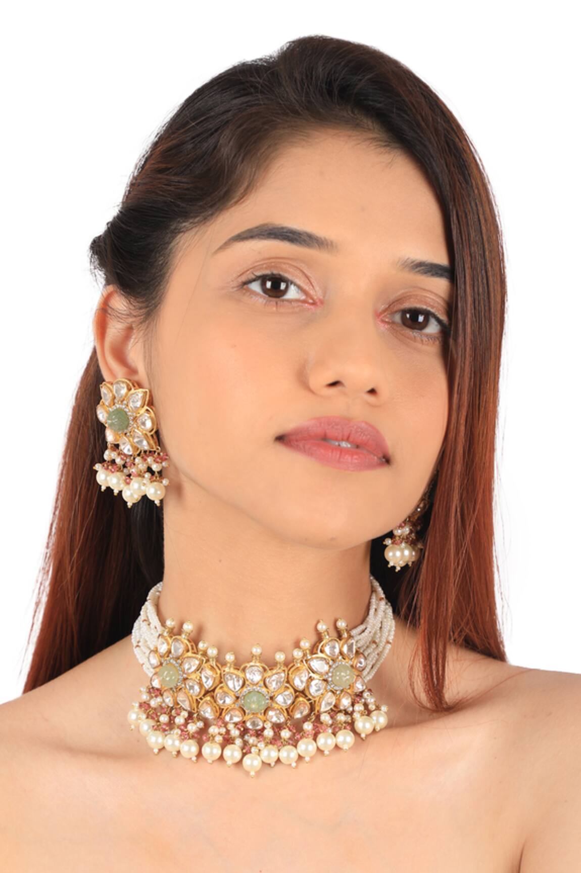 Riana Jewellery Mozanite Stone & Bead Embellished Necklace Set 