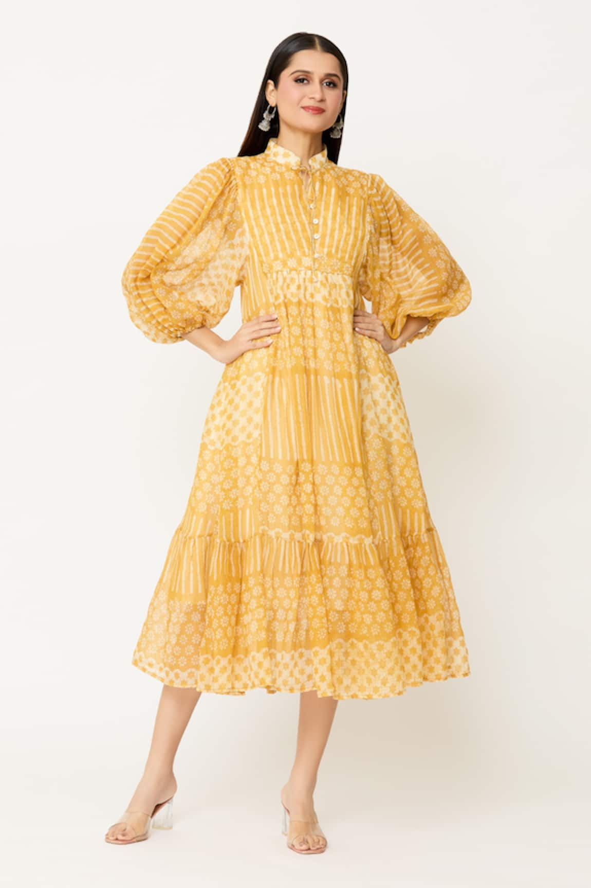 Ek Katha Batik Block Print Balloon Sleeve Midi Dress