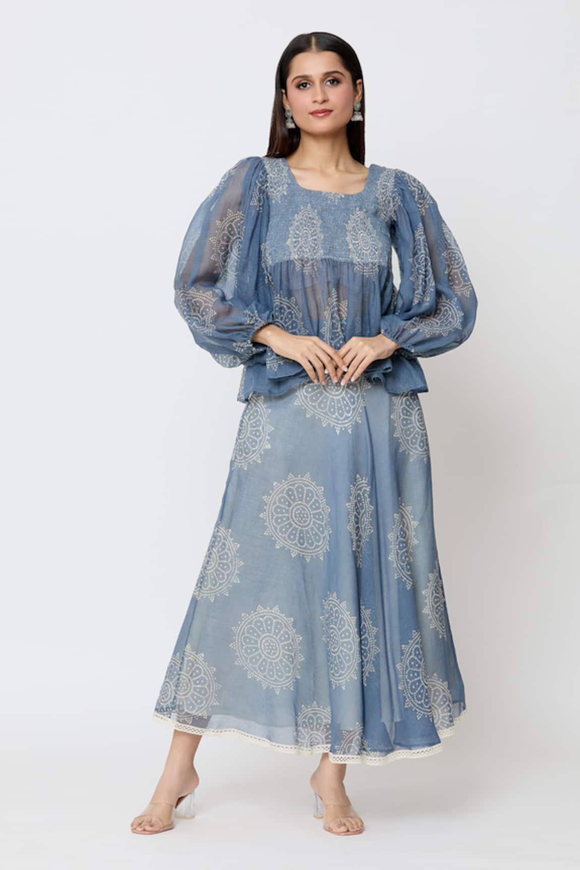 Ek Katha Flower Batik Print Long Top With Skirt