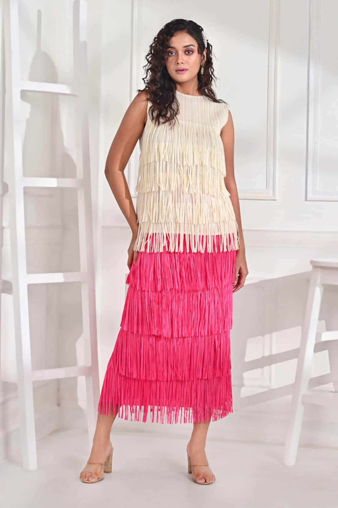 Crimp SierraM Round Neck Fringe Top & Skirt Set