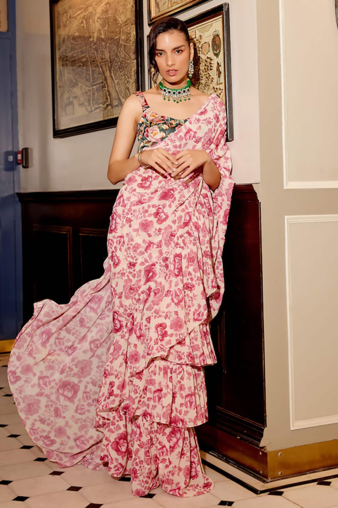 Gauri Dhawan Blossom Print Ruffle Saree With Unstitched Blouse Piece