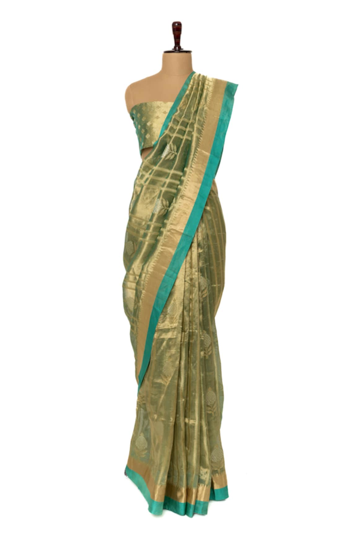 Paaprika Tissue Temple Border Saree With Unstitched Blouse Piece