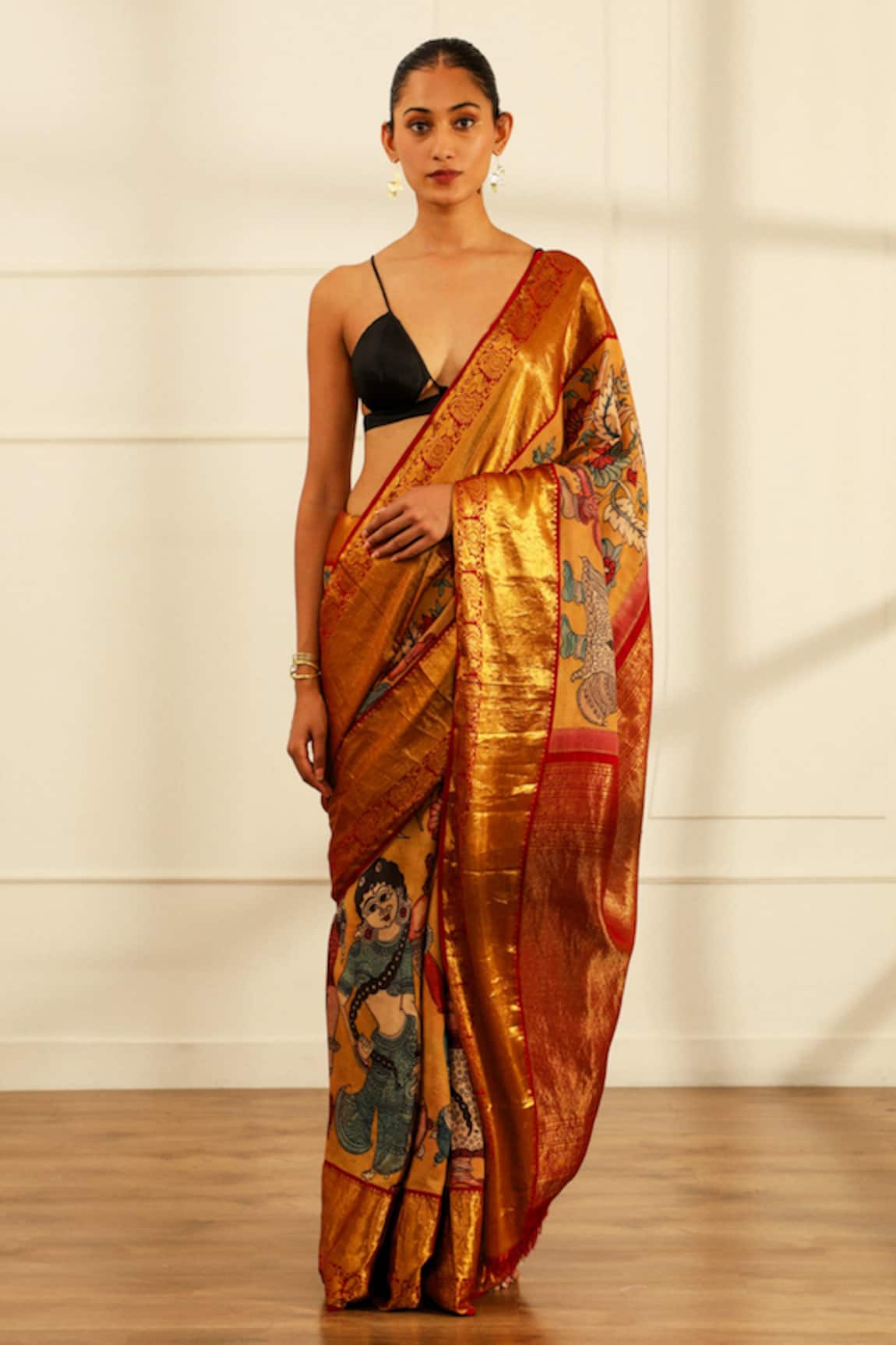Paaprika Silk Scenic Pattern Kalamkari Saree With Unstitched Blouse Piece