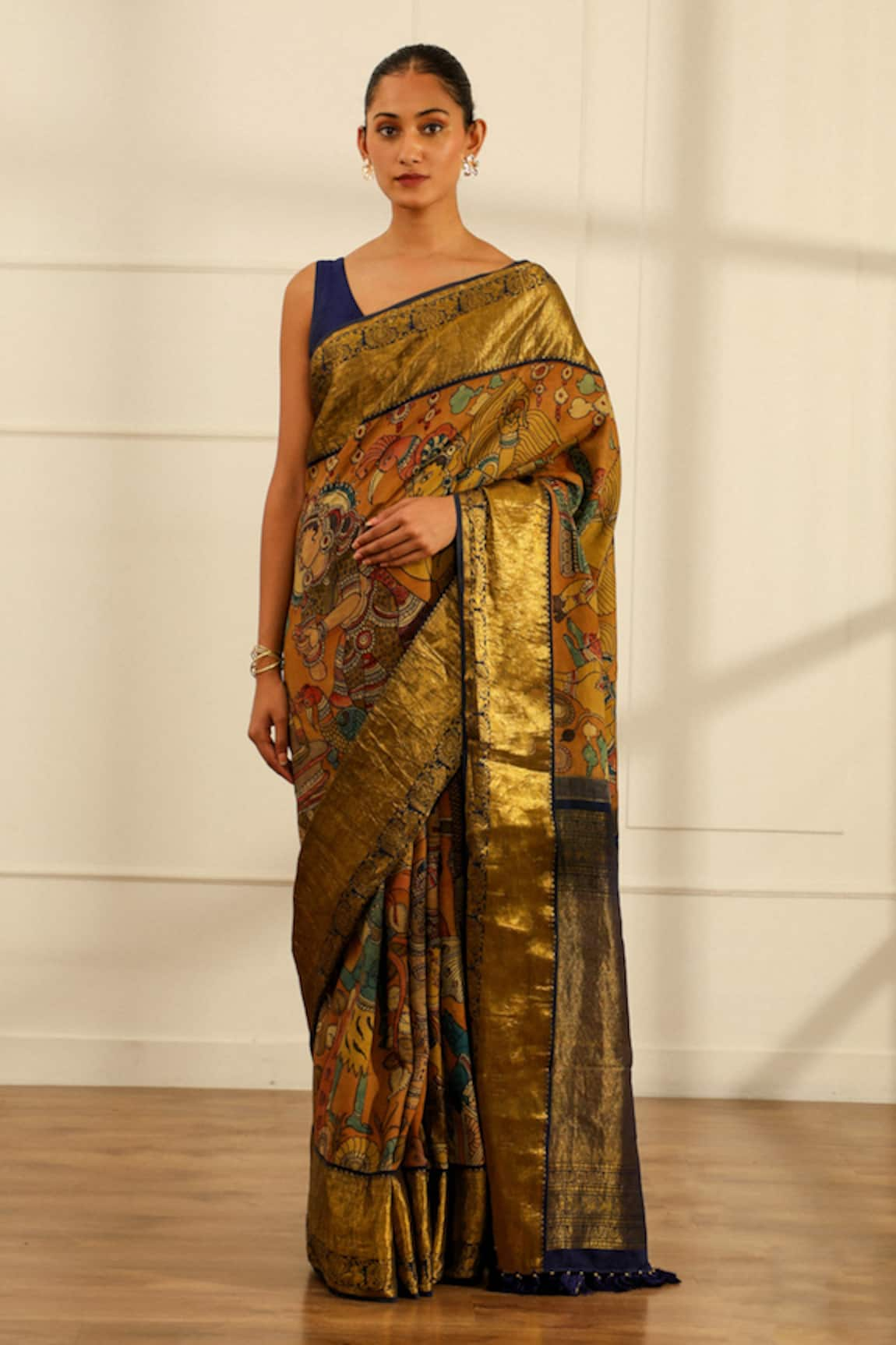 Paaprika Silk Lord Shiva Pattern Kalamkari Saree With Unstitched Blouse Piece