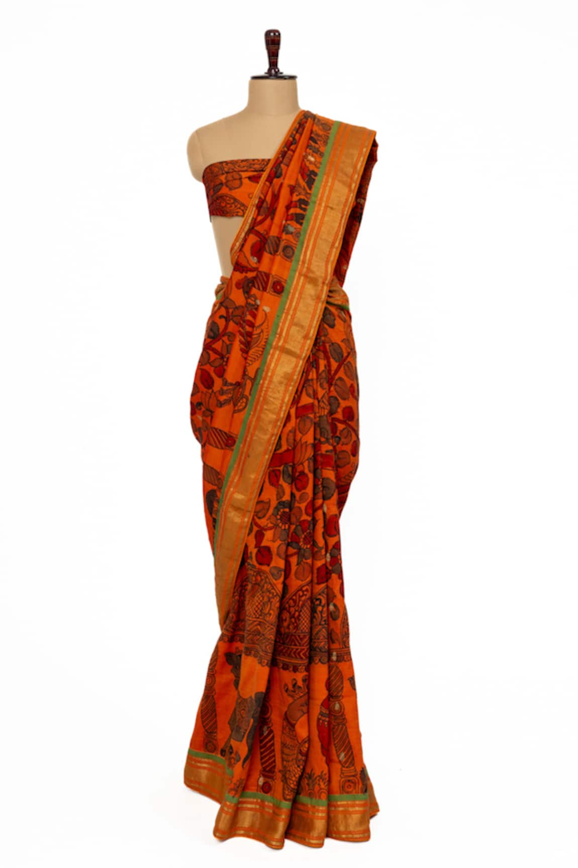 Paaprika Silk Animal Pattern Kalamkari Saree With Unstitched Blouse Piece